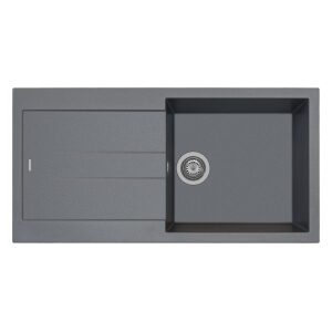 Moderno fregadero de cocina gris con escurridor.